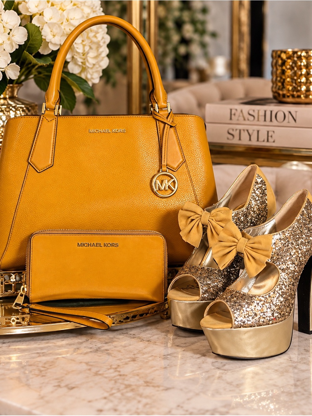 Michael Kors Mustard Leather Tote & Matching Zip Wallet with Dust Bag